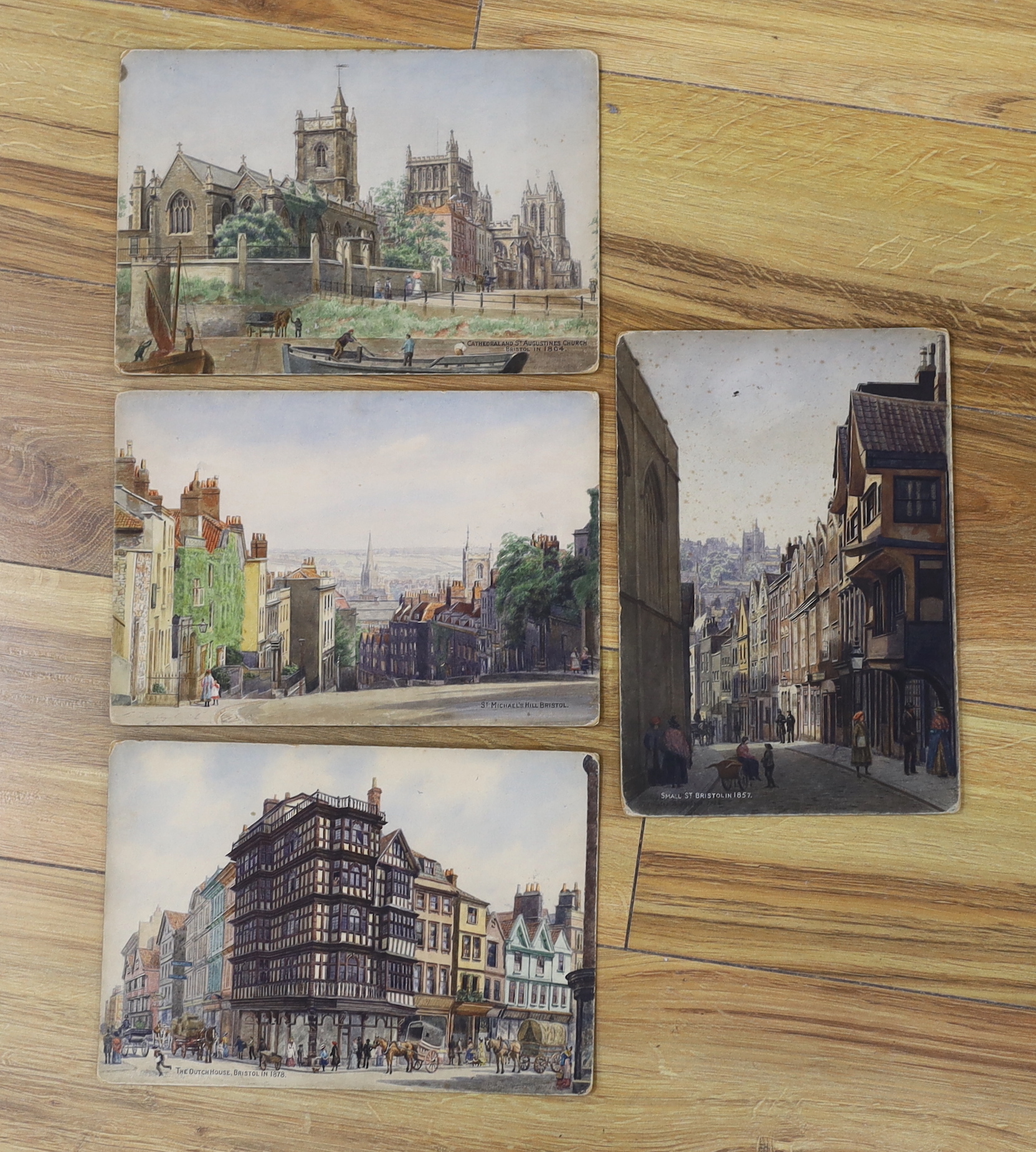 Edward (Evacustes) Arthur Phipson (1854-1931), four watercolours on card, Old Bristol views comprising ‘The Dutch House’, ‘Small Street’, ‘Cathedral’ and ‘St Michael’s Hill’ each inscribed, three signed, unframed, larges